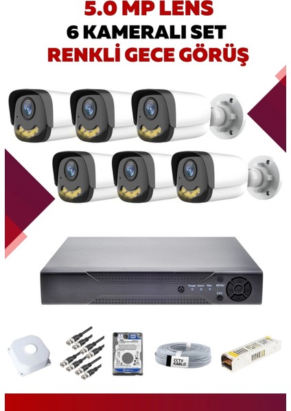 6 Kameralı Set - 5mp Sony Lensli Full Hd Gece Görüşlü Güvenlik Kamerası Sistemi - IYUZTYK0AK