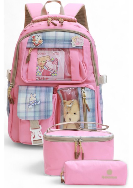 Relaxion 2203-1395 Kore Tarzı Unisex Çocuk Üçlü Set Ilkokul Sırt Çantası - NKT02203-PEMBE-TEKEBAT