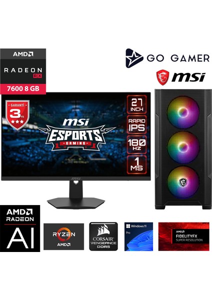 GA319D Amd Ryzen 5 7600 / 32GB Ddr5 6000MHZ / 1tb Nvme SSD 5000-3600MB-SN Gen4 / RX7600 8gb / Msı 27" 180Hz. / Windows 11 Pro Masaüstü Bilgisayar