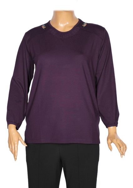 Cimariva Kadın Meyra Büyük Beden O Yaka Nakışlı Mürdüm Bluz