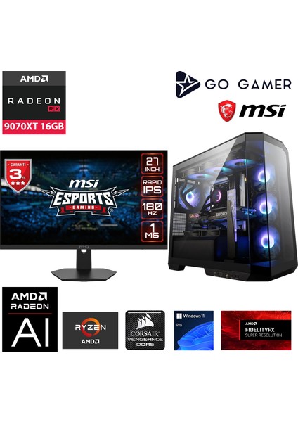 GA1105DP Amd Ryzen 7 8700F / 32GB Ddr5 6000MHZ / 1tb Nvme SSD 5000-3600MB-SN Gen4 / Rx 9070XT 16GB / 240MM Sıvı Soğutma / Msı 27" 180Hz. / Windows 11 Pro Masaüstü Bilgisayar