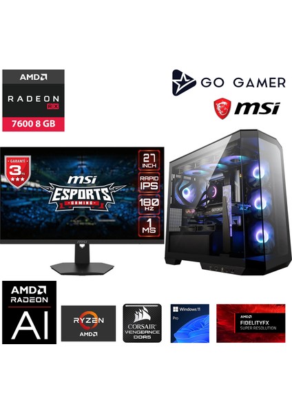 GA388DP Amd Ryzen 5 7600X / 32GB Ddr5 6000MHZ / 1tb Nvme SSD 5000-3600MB-SN Gen4 / RX7600 8gb / Msı 27" 180Hz. / Windows 11 Pro Masaüstü Bilgisayar