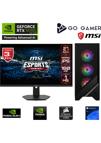 GA1181D Amd Ryzen 7 9700X / 64GB Ddr5 6000MHZ / 2tb Nvme SSD 6000-5000MB-SN / Rtx 5070TI 16GB / 240MM Sıvı Soğutma / Msı 27" 180Hz. / Windows 11 Pro Masaüstü Bilgisayar