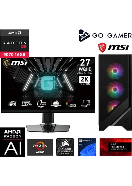 GA370DC Amd Ryzen 5 7600 / 32GB Ddr5 6000MHZ / 1tb Nvme SSD 5000-3600MB-SN Gen4 / Rx 9070 16GB / Msı 27" 2k 180Hz. / Windows 11 Pro Masaüstü Bilgisayar