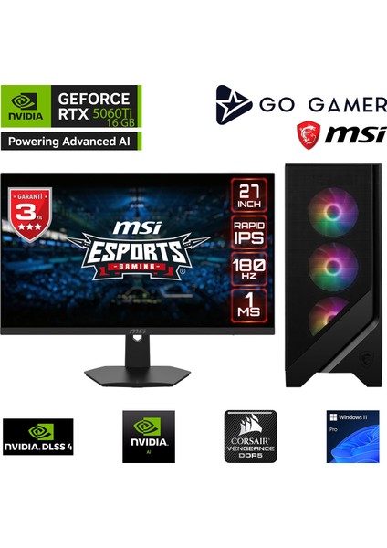 GA362D Amd Ryzen 5 7600 / 32GB Ddr5 6000MHZ / 1tb Nvme SSD 5000-3600MB-SN Gen4 / Rtx 5060TI 16GB / Msı 27" 180Hz. / Windows 11 Pro Masaüstü Bilgisayar