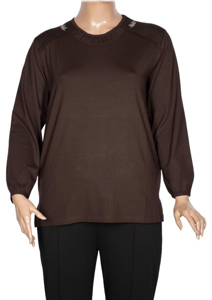 Cimariva Kadın Meyra Büyük Beden O Yaka Nakışlı Kahverengi Bluz