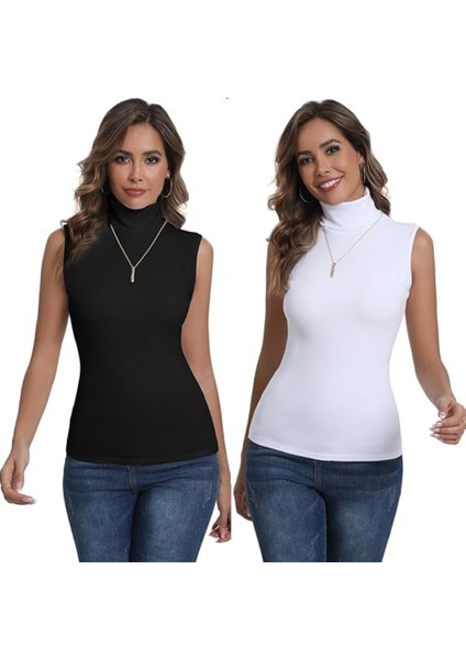 Kadın 2'li Sıfır Kol Kolsuz Body Boğazlı Badi 2 Adet Balıkçı Siyah - Beyaz