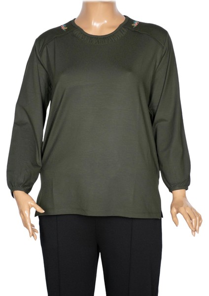 Cimariva Kadın Meyra Büyük Beden O Yaka Nakışlı Haki Bluz
