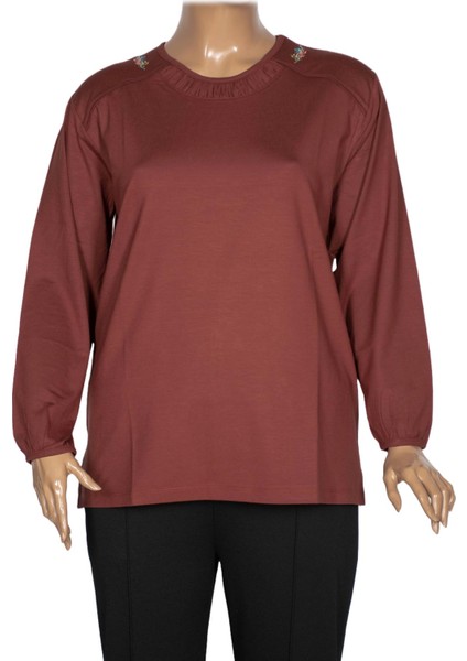 Cimariva Kadın Meyra Büyük Beden O Yaka Nakışlı Taba Bluz