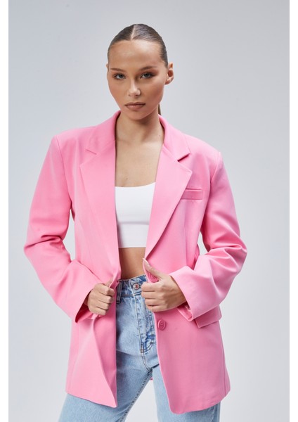 Pembe Kadın Düğmeli Oversize Blazer Ceket