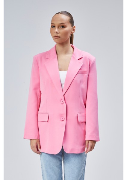 Pembe Kadın Düğmeli Oversize Blazer Ceket modelleri