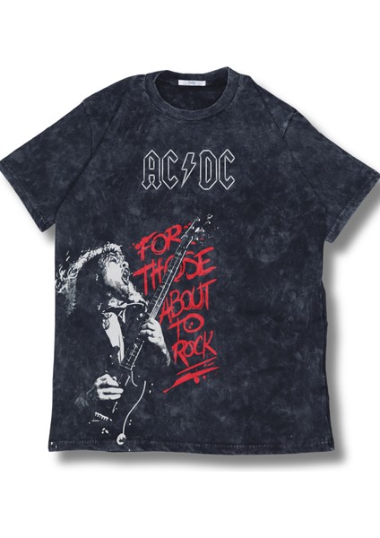 Unisex Ac-Dc Rock Yazılı Yıkamalı Tişört, Oversize Rock-Metal Baskılı Retro T-Shirt