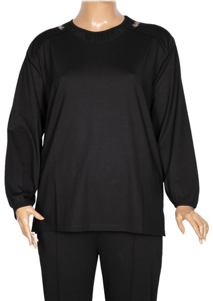 Cimariva Kadın Meyra Büyük Beden O Yaka Nakışlı Siyah Bluz