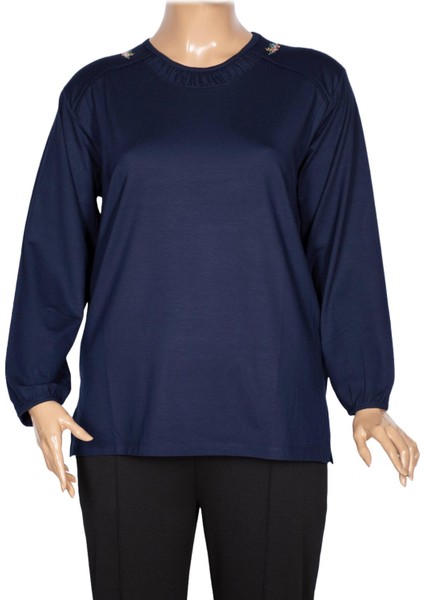 Cimariva Kadın Meyra Büyük Beden O Yaka Nakışlı Lacivert Bluz