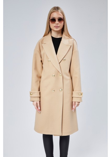 Kadın Kruvaze Yaka Düğme Detaylı Kaban