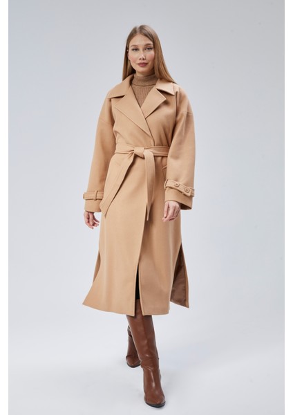 Camel Kuşaklı Uzun Oversize Yünlü Kaşe Kaban fiyatları