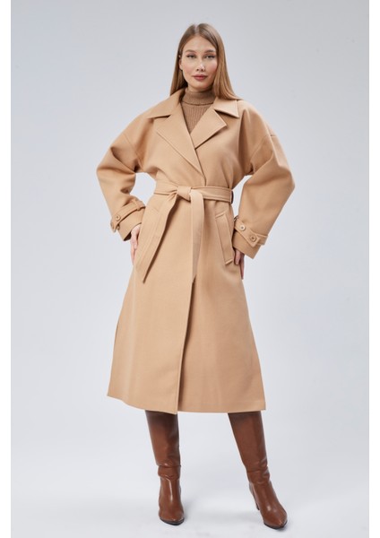 Camel Kuşaklı Uzun Oversize Yünlü Kaşe Kaban modelleri