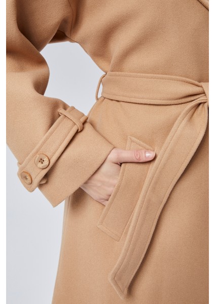 Camel Kuşaklı Uzun Oversize Yünlü Kaşe Kaban indirimleri