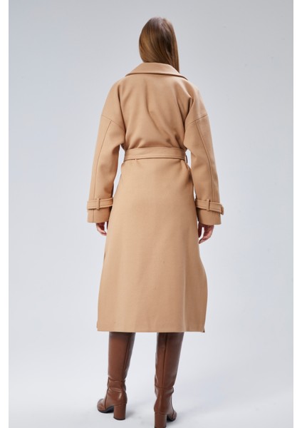 Camel Kuşaklı Uzun Oversize Yünlü Kaşe Kaban