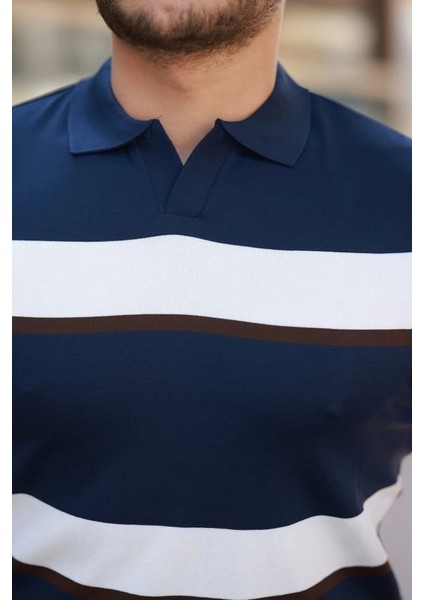 Erkek Şerit Desenli Hemşire Yaka Kısa Kollu Tişört modelleri