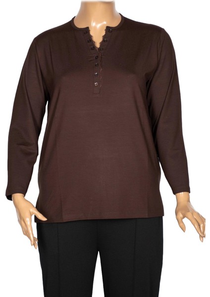 Cimariva Kadın Dicle Büyük Beden V Yaka Dantelli Kahverengi Bluz