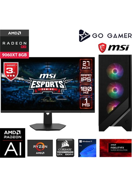 GA101DX Amd Ryzen 5 5600 / 16GB 3200MHZ / 1tb Nvme SSD 5000-3600MB-SN Gen4 / RX9060XT 8gb / Msı 27" 180Hz. / Windows 11 Pro Masaüstü Bilgisayar