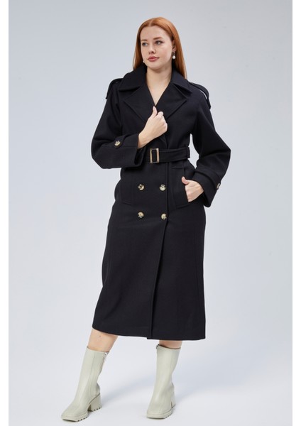 Siyah Regular Apolet Detaylı Kruvaze Kaşe Kaban