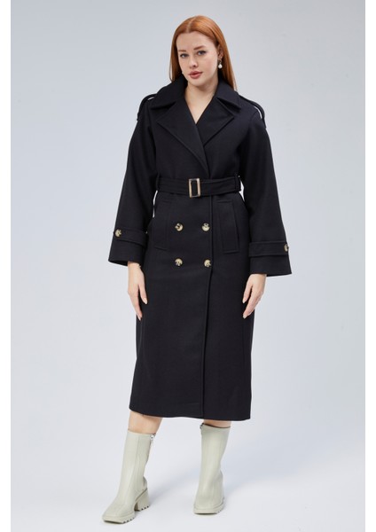 Siyah Regular Apolet Detaylı Kruvaze Kaşe Kaban fiyatları