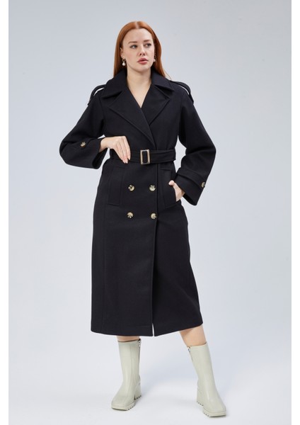 Siyah Regular Apolet Detaylı Kruvaze Kaşe Kaban modelleri