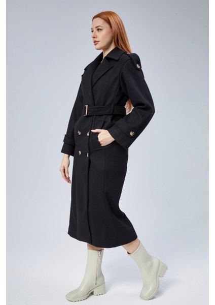 Siyah Regular Apolet Detaylı Kruvaze Kaşe Kaban indirimleri