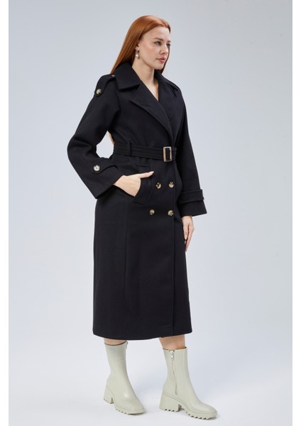 Siyah Regular Apolet Detaylı Kruvaze Kaşe Kaban