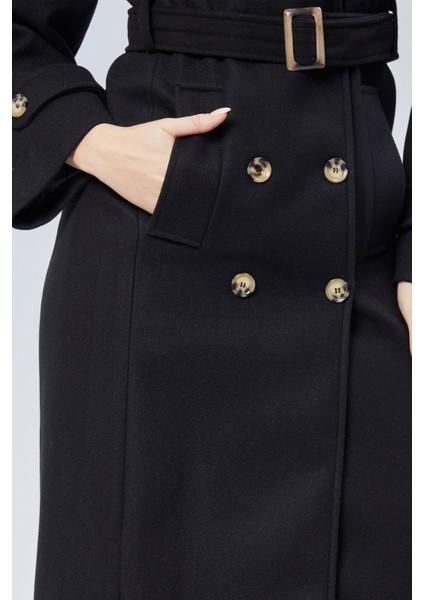 Siyah Regular Apolet Detaylı Kruvaze Kaşe Kaban