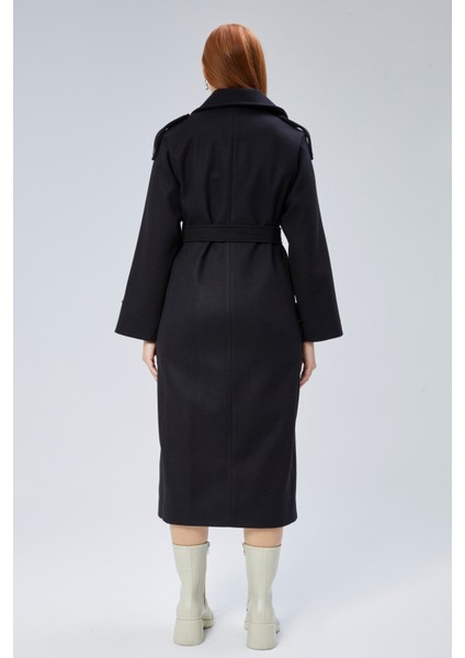 Siyah Regular Apolet Detaylı Kruvaze Kaşe Kaban