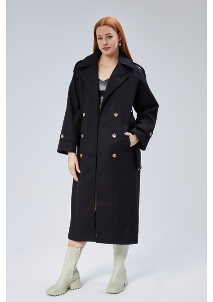 Siyah Regular Apolet Detaylı Kruvaze Kaşe Kaban