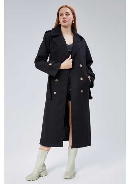 Siyah Regular Apolet Detaylı Kruvaze Kaşe Kaban