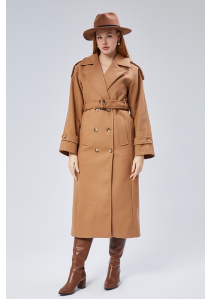 Taba Regular Apolet Detaylı Kruvaze Kaşe Kaban