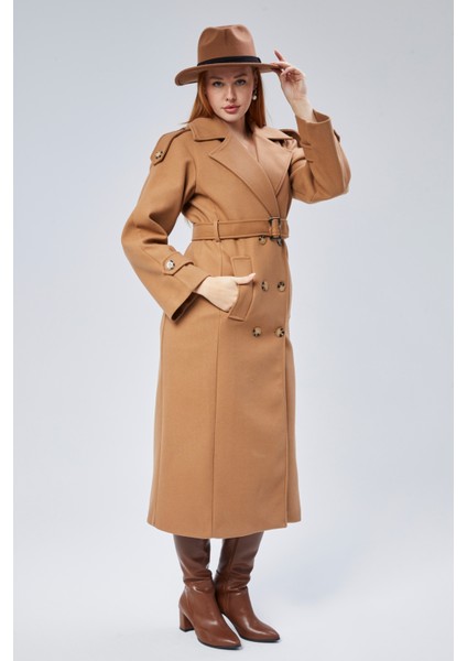 Taba Regular Apolet Detaylı Kruvaze Kaşe Kaban