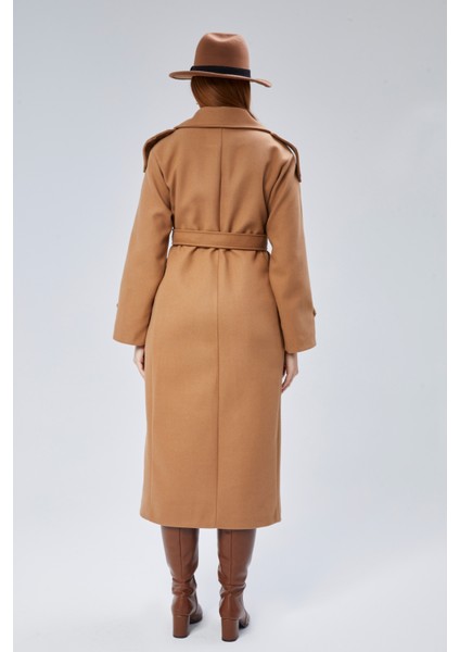 Taba Regular Apolet Detaylı Kruvaze Kaşe Kaban