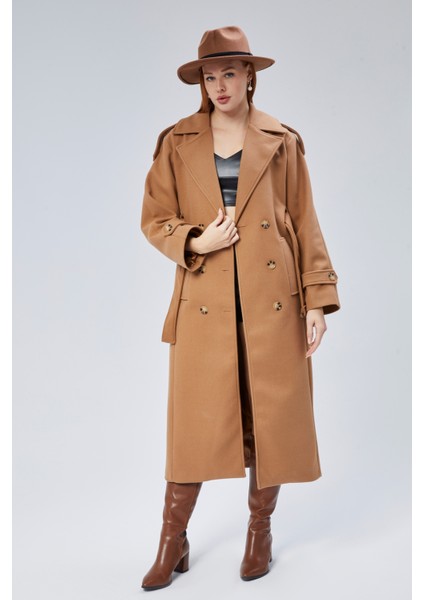 Taba Regular Apolet Detaylı Kruvaze Kaşe Kaban