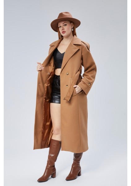 Taba Regular Apolet Detaylı Kruvaze Kaşe Kaban