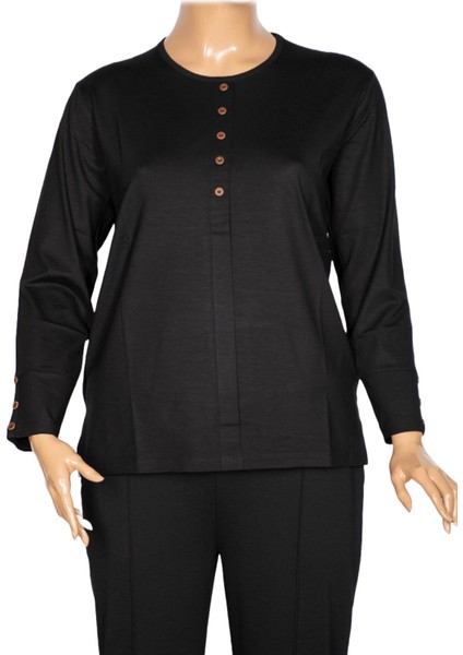 Cimariva Kadın Nüket Büyük Beden O Yaka Beş Süs Düğmeli Siyah Bluz