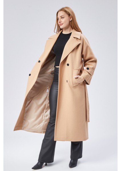 Bej Regular Kemerli Kaşe Kaban