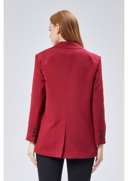 Bordo Kadın Düğmeli Oversize Blazer Ceket