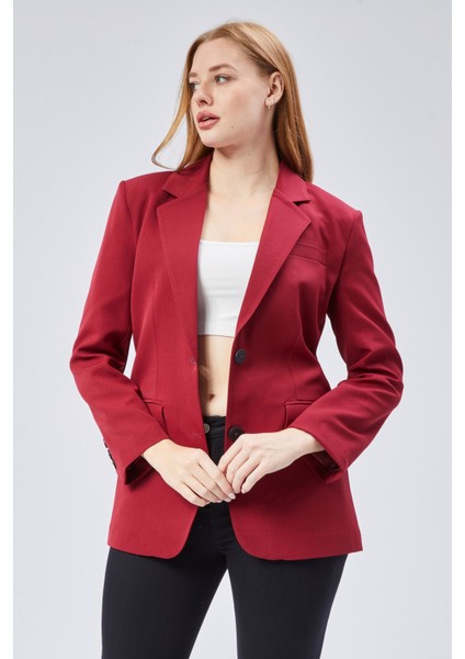 Bordo Kadın Düğmeli Oversize Blazer Ceket