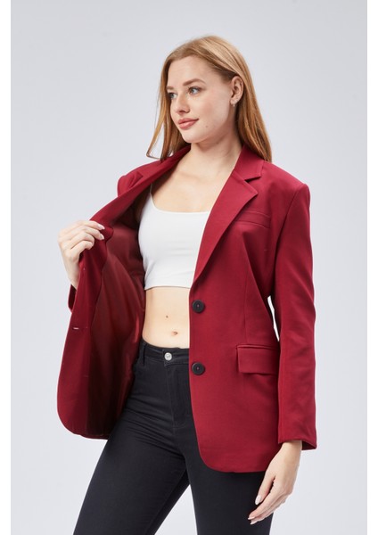 Bordo Kadın Düğmeli Oversize Blazer Ceket