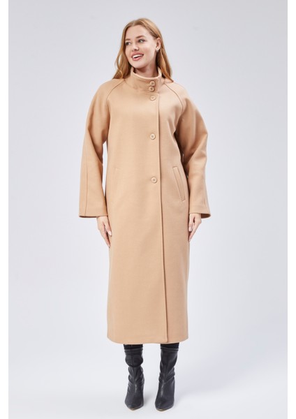 Bej Dik Yaka Oversize Uzun Yünlü Kaşe Kaban fiyatları