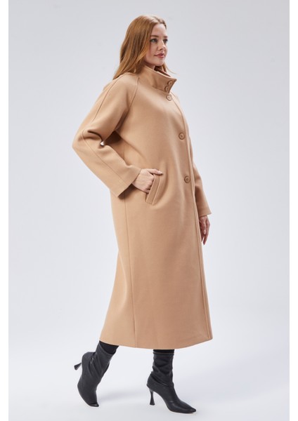 Bej Dik Yaka Oversize Uzun Yünlü Kaşe Kaban indirimleri