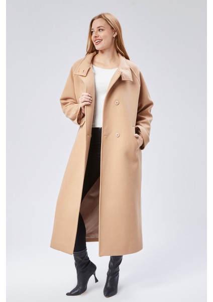 Bej Dik Yaka Oversize Uzun Yünlü Kaşe Kaban