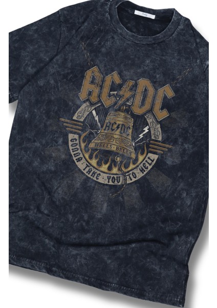 Unisex Ac-Dc Hells Bells Baskılı Yıkamalı Tişört, Oversize Rock-Metal Baskılı Retro T-Shirt