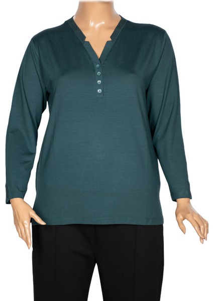 Cimariva Kadın Neval Büyük Beden V Yaka Taşlı Koyu Turkuaz Bluz